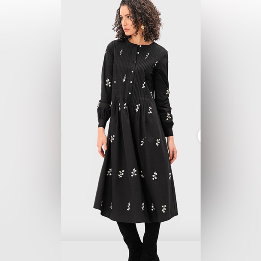 Wayward Fancies Black Dress with cream Floral Embroidery